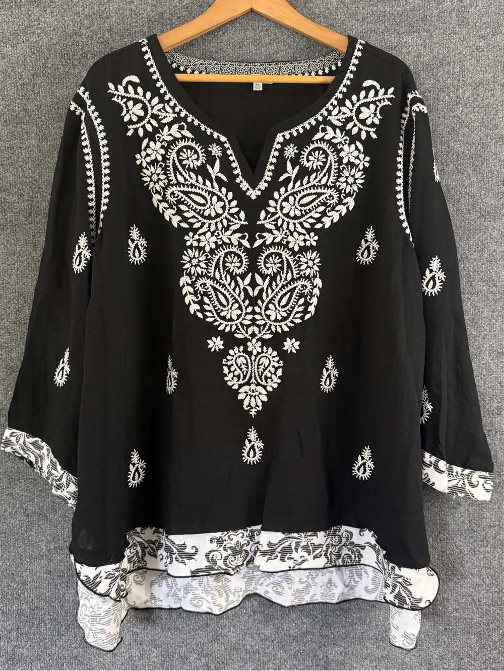 John Mark Womens 3X Black White Paisley Embroidered Split Neck Tunic Top Boho